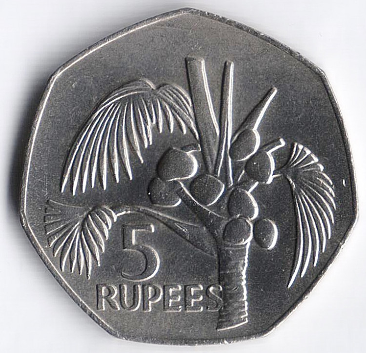 Монета 5 рупий. 1977 год, Сейшельские острова.
