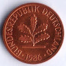 Монета 1 пфенниг. 1986(J) год, ФРГ.