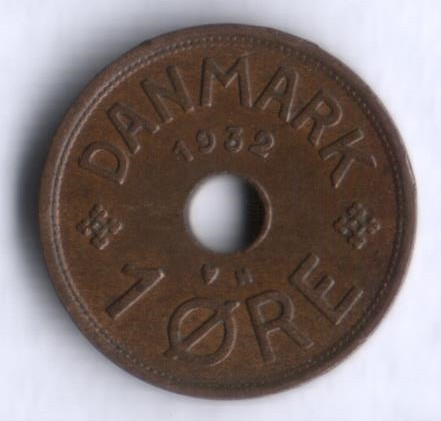 Монета 1 эре. 1932 год, Дания. N;GJ.