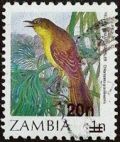 Почтовая марка (20 n.). "Доплата - Птицы". 1987 год, Замбия.