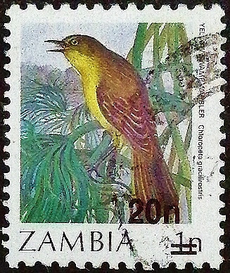 Почтовая марка (20 n.). "Доплата - Птицы". 1987 год, Замбия.