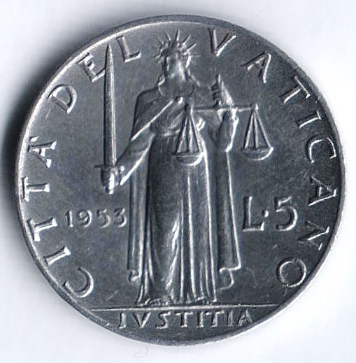 Монета 5 лир. 1953 год, Ватикан.
