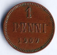 Монета 1 пенни. 1907 год, Великое Княжество Финляндское.