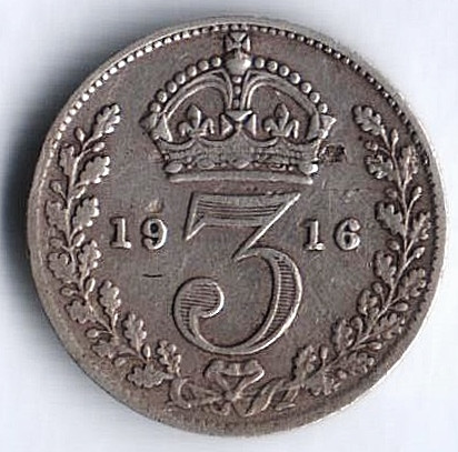 Монета 3 пенса. 1916 год, Великобритания.