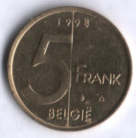 Монета 5 франков. 1998 год, Бельгия (Belgie).