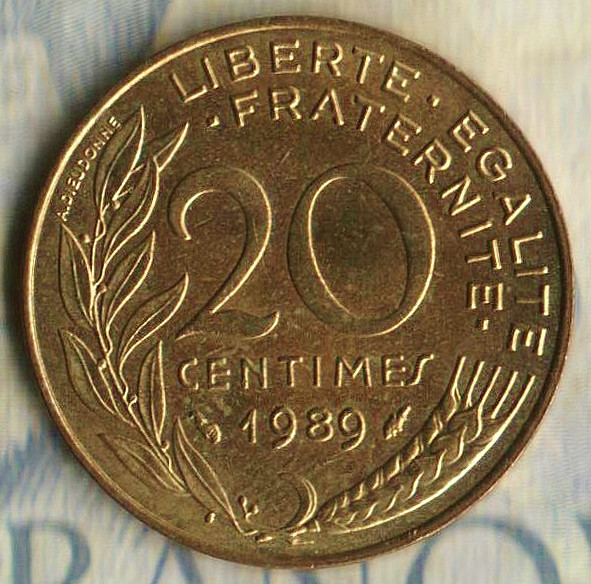 Монета 20 сантимов. 1989 год, Франция.