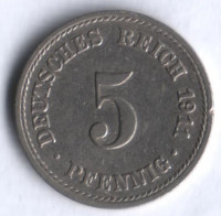 Монета 5 пфеннигов. 1911 год (A), Германская империя.