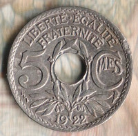 Монета 5 сантимов. 1922 год, Франция. "Молния".