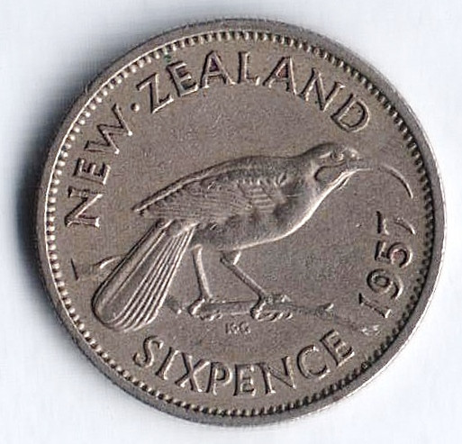 Монета 6 пенсов. 1957 год, Новая Зеландия.