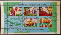 Блок почтовых марок (6 шт.). "500-летие открытия Америки". 1992 год, Вьетнам.