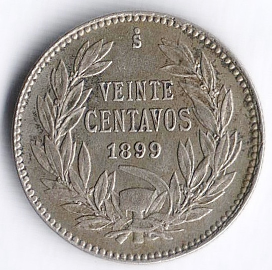 Монета 20 сентаво. 1899 год, Чили.