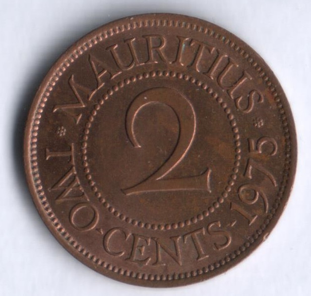 Монета 2 цента. 1975 год, Маврикий.