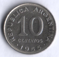 Монета 10 сентаво. 1955 год, Аргентина.