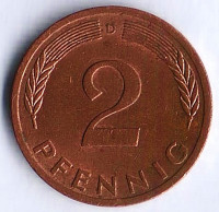 Монета 2 пфеннига. 1976(D) год, ФРГ.