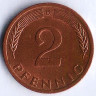 Монета 2 пфеннига. 1976(D) год, ФРГ.
