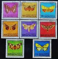Набор почтовых марок (8 шт.). "Бабочки". 1974 год, Монголия.