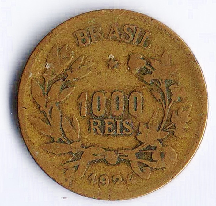 Монета 1000 рейсов. 1924 год, Бразилия.