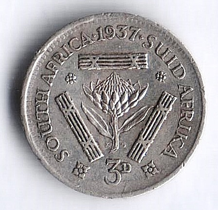 Монета 3 пенса. 1937 год, Южная Африка.