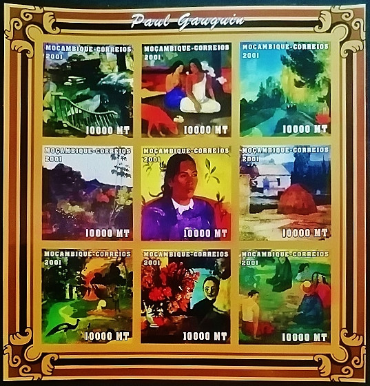 Блок марок (9 шт.). "Картины Поля Гогена". 2001 год, Мозамбик.