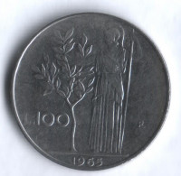 Монета 100 лир. 1965 год, Италия.