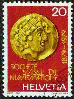Почтовая марка. "Золотой четвертной статер (II век до н.э.) с головой Аполлона". 1979 год, Швейцария.