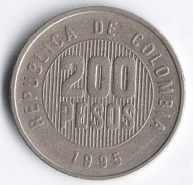 Монета 200 песо. 1995 год, Колумбия.