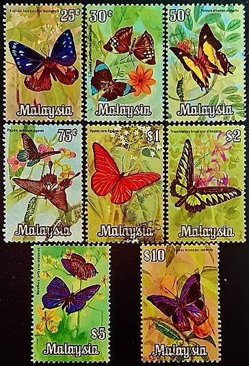Набор почтовых марок (8 шт.). "Бабочки Малайзии". 1970 год, Малайзия. Набор почтовых марок (8 шт.). "Бабочки Малайзии". 1970 год, Малайзия.