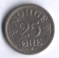 Монета 25 эре. 1955 год, Норвегия.
