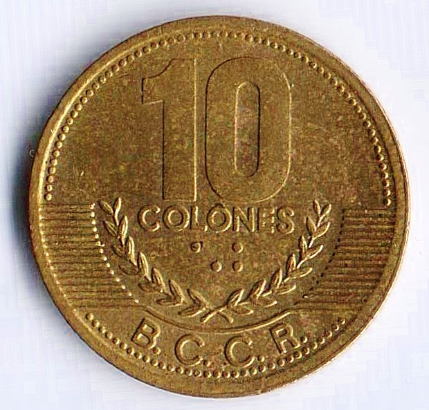 Монета 10 колонов. 2002 год, Коста-Рика.