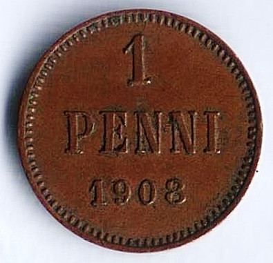 Монета 1 пенни. 1908 год, Великое Княжество Финляндское.