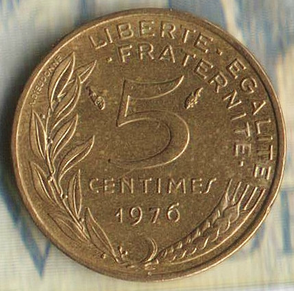 Монета 5 сантимов. 1976 год, Франция.