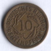 Монета 10 рентенпфеннигов. 1924 год (D), Веймарская республика.