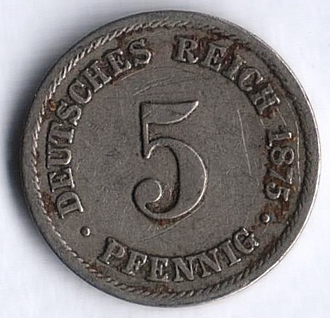 Монета 5 пфеннигов. 1875 год (B), Германская империя.