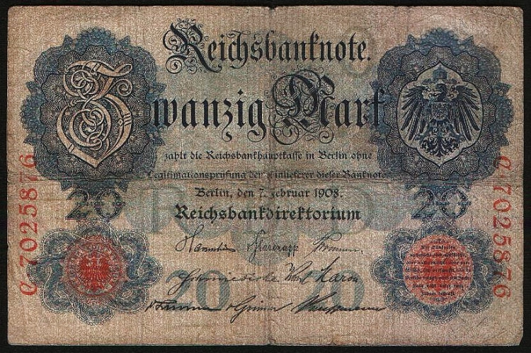 Бона 20 марок. 1908 год "C", Германская империя.