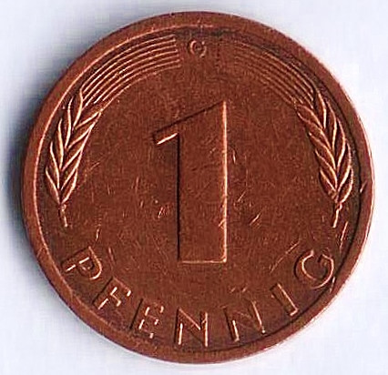 Монета 1 пфенниг. 1987(G) год, ФРГ.