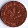 Монета 1 пфенниг. 1987(G) год, ФРГ.