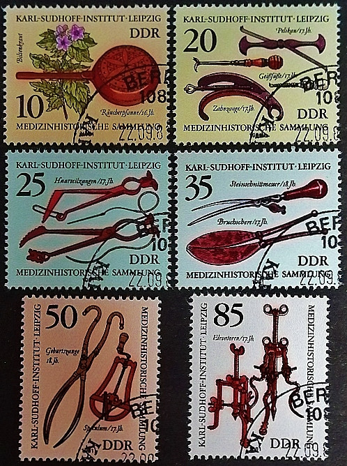 Набор почтовых марок (6 шт.). "Коллекция истории болезни в Институте Карла Судхоффа, Лейпциг". 1981 год, ГДР.