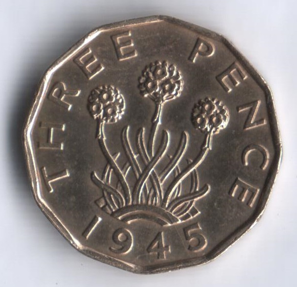 Монета 3 пенса. 1945 год, Великобритания.