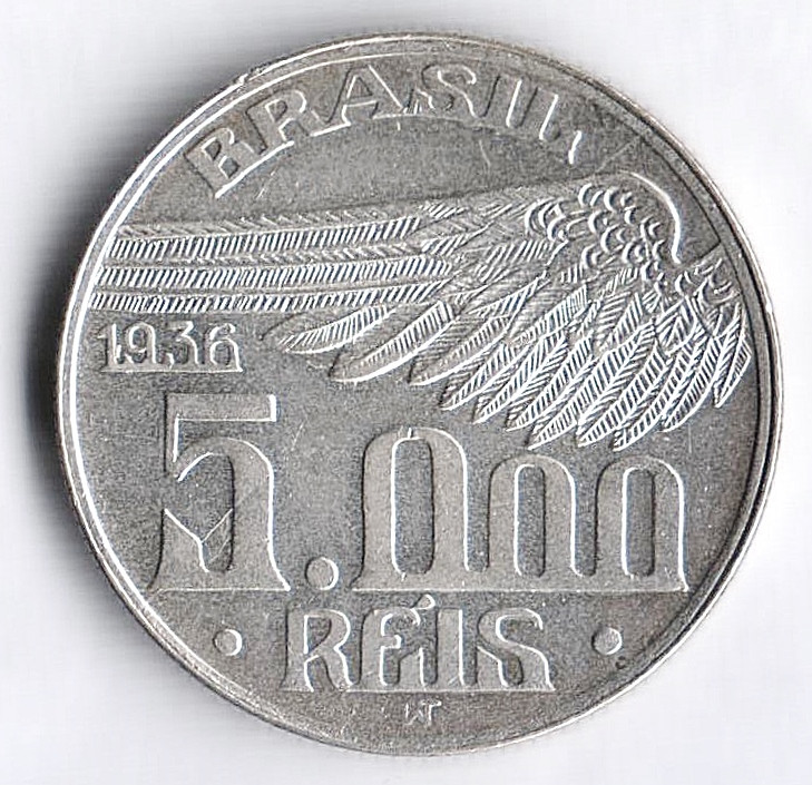 Монета 5000 рейсов. 1936 год, Бразилия.