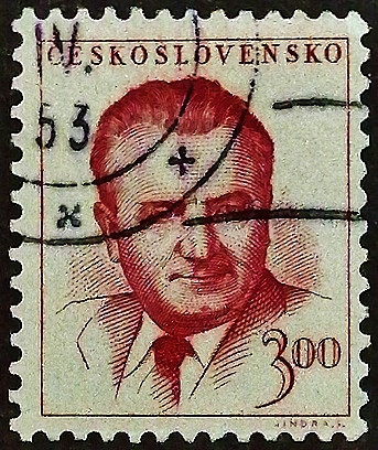 Почтовая марка (3 kr.). "Президент Готтвальд". 1948 год, Чехословакия.