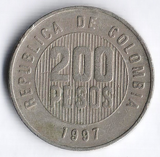 Монета 200 песо. 1997 год, Колумбия.