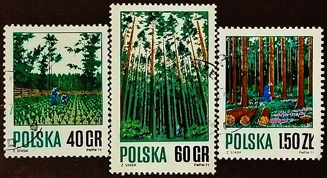 Набор почтовых марок (3 шт.). "Управление лесным хозяйством". 1971 год, Польша.
