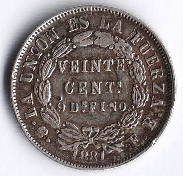 Монета 20 сентаво. 1881 год, Боливия.