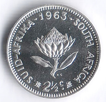 Монета 2⅟₂ цента. 1963 год, ЮАР. Proof.