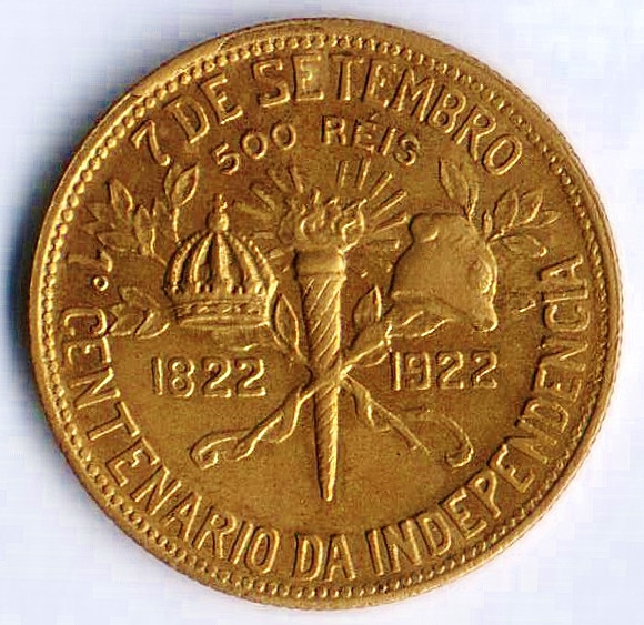 Монета 500 рейсов. 1922 год, Бразилия.
