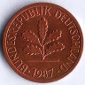 Монета 1 пфенниг. 1987(J) год, ФРГ.