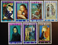 Набор почтовых марок (7 шт.) с блоками (2 шт.). "Пикассо: картины голубого периода". 1973 год, Экваториальная Гвинея.