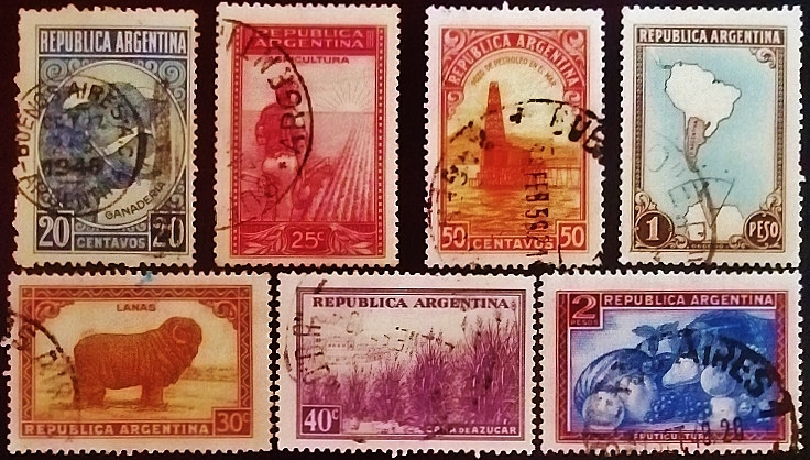 Набор почтовых марок (7 шт.). "Деревенская продукция". 1936 год, Аргентина. Набор почтовых марок (7 шт.). "Деревенская продукция". 1936 год, Аргентина.