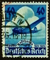 Почтовая марка. "10-летие авиакомпании Lufthansa Airways". 1936 год, Германский Рейх.
