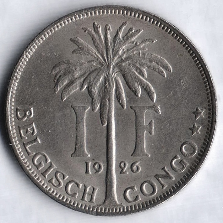 Монета 1 франк. 1926 год, Бельгийское Конго (BELGISCH CONGO).